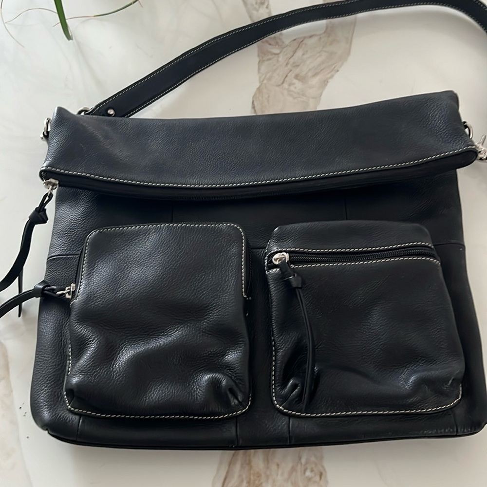 EUC Tiganello black shoulder bag with silver clip hardware and 3 outside pockets